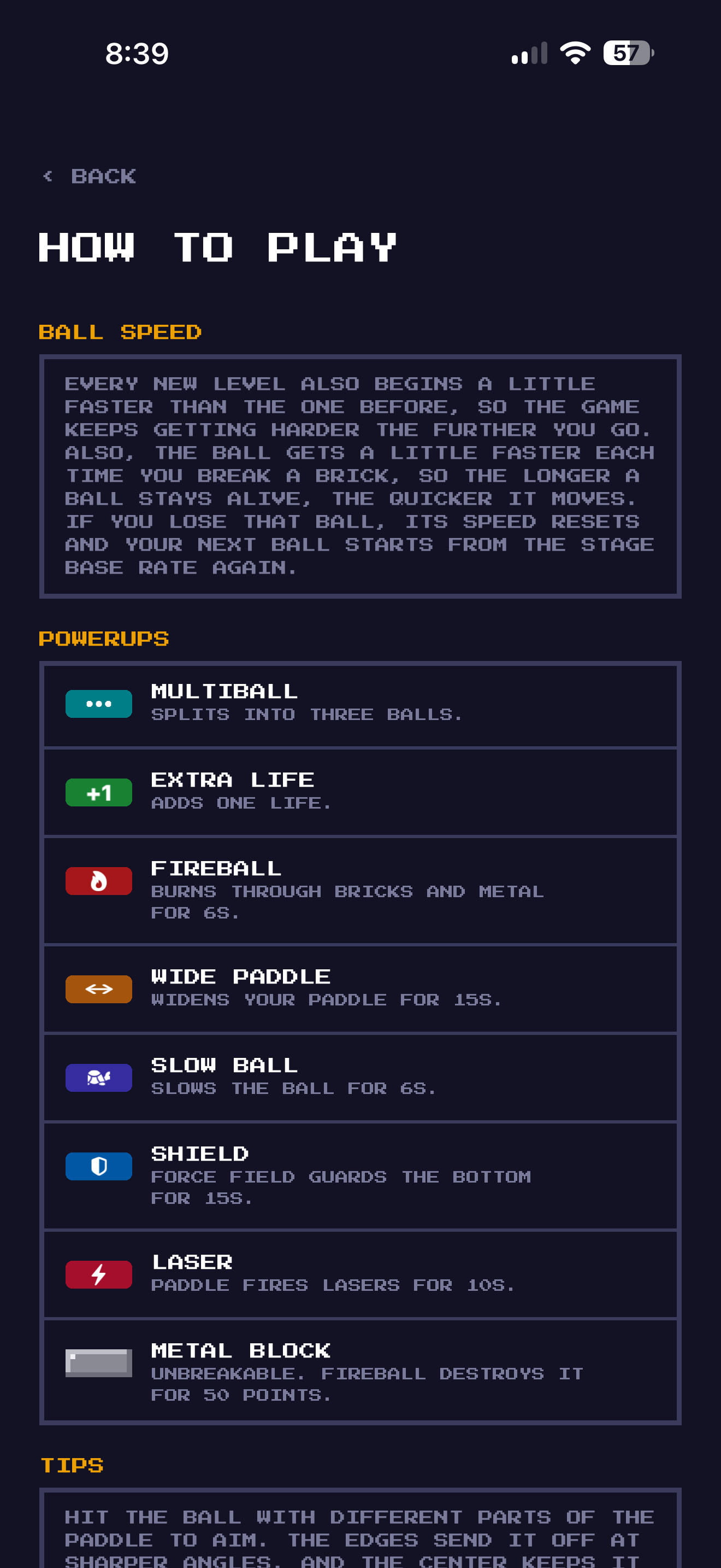 The powerup guide, listing what each one does.